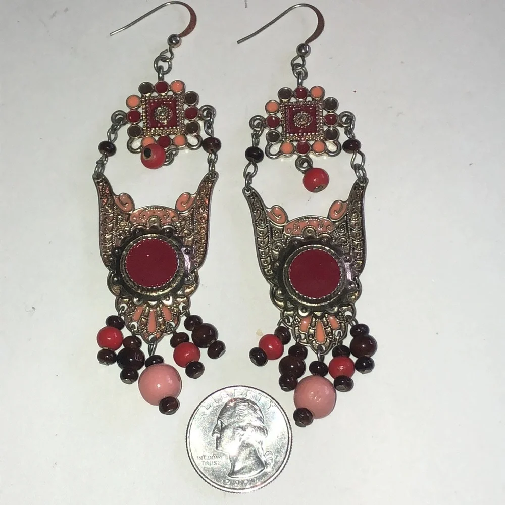 Elegant Red and Pink Beaded Boho Dangle Earrings